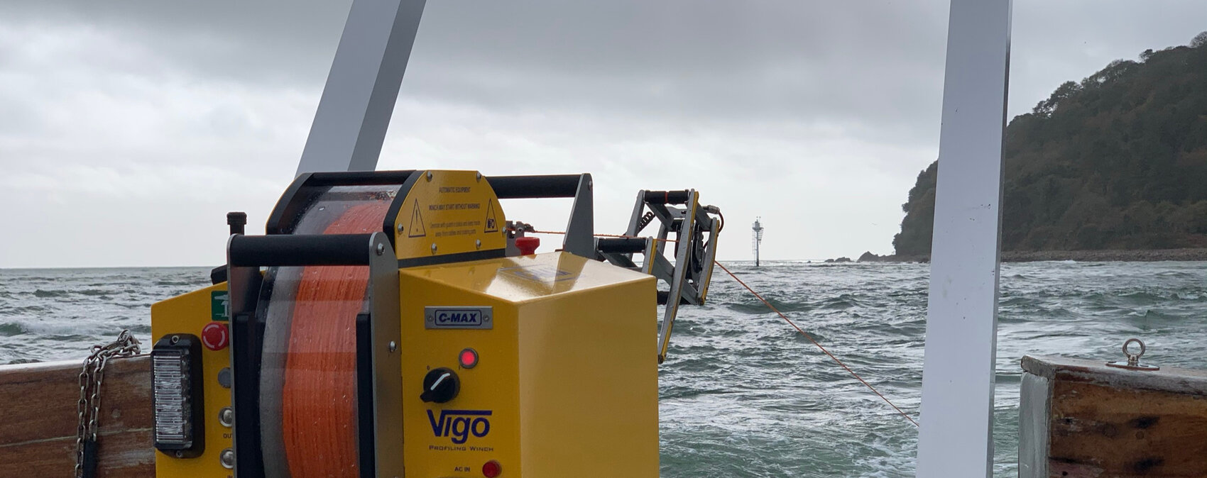 Vigo profiling winch deployed at sea, boom extended over the stern